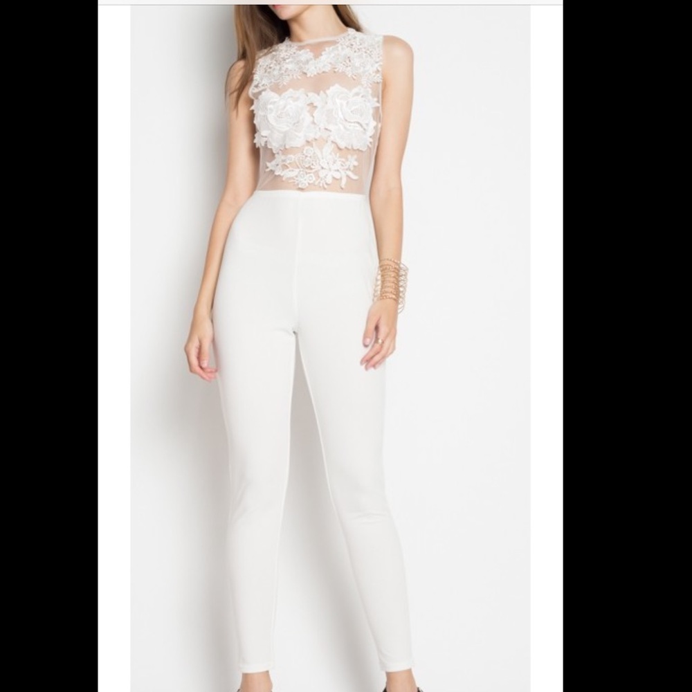 White Sheer Front Sexy Floral Jumpsuit - Picture 1 of 4